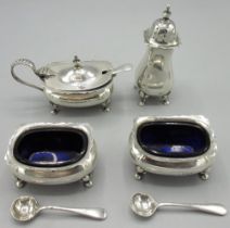 Silver cruet set, incl. two Edwardian salts with blue liners & two salt spoons, by E S Barnsley &