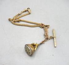 9ct yellow gold flat curb link albert chain, stamped 375, with 9ct yellow gold masonic pendant, 27.