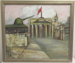 Eastern School (C20th); Eastern Block town square with tank sculpture, oil on canvas, signed with