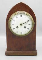 Samuel Marti early C20th mahogany mantle clock, inlaid lancet topped case on squat brass bun feet,