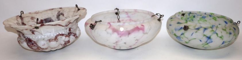 Three Art Deco marbled glass ceiling light bowls, with chains and ceiling roses, max. D40.5cm (3)