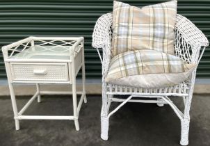 White finish canework conservatory chair, a cream finish single drawer bedside table, a white finish