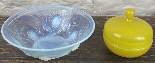 Opalescent art glass bowl decorated with fir cones, probably Jobling, and an Art Deco yellow glass