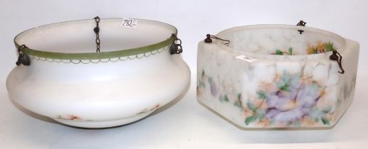 Two Art Deco frosted and painted glass ceiling light shades, max. D36cm (2)