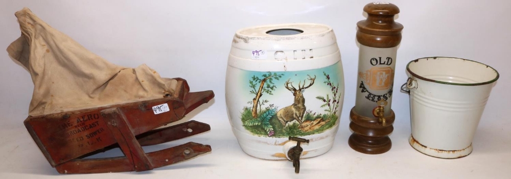 C20th 'Old Whisky' dispenser and cover, H39cm; ceramic gin barrel decorated with a stag, H34cm; 'The