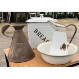 Kitchenalia items including, enamel bread bin and two water jugs one with bowl (3)