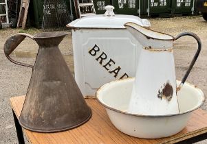 Kitchenalia items including, enamel bread bin and two water jugs one with bowl (3)