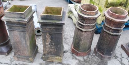 Two Octagonal salt glazed chimney pots and two square terracotta pots. 80cm