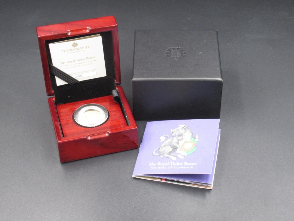 The Royal Mint cased The Royal Tudor Beasts, The Bull of Clarence £25 1/4oz Gold Proof Coin,
