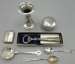 Collection of silver incl. 20th century bottle opener, handle in kings pattern, by Harrison