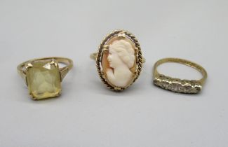 9ct yellow gold cameo ring, size O, a 9ct and platinum ring set with clear stones, size J, and a 9ct