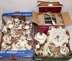 Collection of Royal Albert Old Country Roses ceramics, incl. a wall clock, mantle clock, teapot,