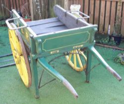 Late C19th/early C20th North Eastern Railway 2 wheeled hand cart, painted in green and yellow livery