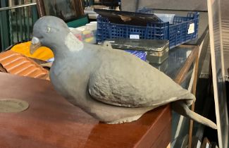 Large collection of pigeon decoys, a crow decoy and electric flapper
