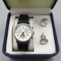 Rotary stainless steel quartz chronograph wristwatch with date, signed silver tone dial, three