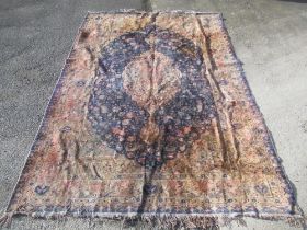 C20th silk style traditional pattern Persian rug, central medallion in a blue ground field