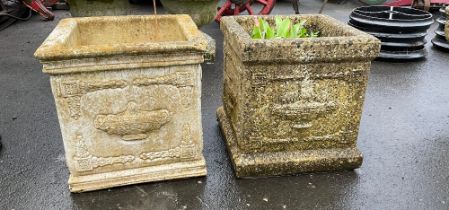 A pair of reconstituted square planters with Greek swag design 40cm x 40cm
