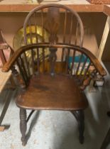 C19th ash and elm low back Windsor chair, seat stamped F. Walker Rockley, turned supports with