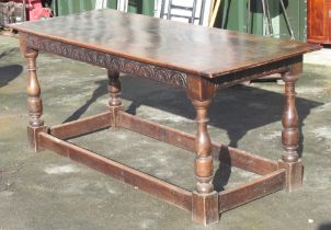 C17th style refectory table, rectangular top with lunette carved frieze on baluster and block