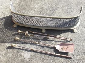 Regency style brass and pierced metal D shaped fender on paw feet W94cm D30cm H23cm, and a set of