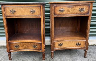 Pair of Bevan Funell Reprodux burr and figured walnut inverted bow front bedside or lamp tables,