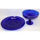 Cobalt blue glass tazza with gilt decoration, H20.5cm, and a similar dish, D42cm (2)