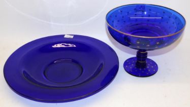 Cobalt blue glass tazza with gilt decoration, H20.5cm, and a similar dish, D42cm (2)