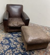 Club type brown leather upholstered arm chair, with loose seat cushion, W87cm D88cm H80cm and