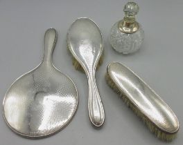 Art Deco silver vanity set with engine turned pattern, incl mirror, two brushes, by Daniel