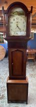 Long case oak and mahogany inlay clock with column design hood, attributed to ‘ M. Johnson