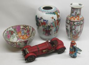 C20th oriental bowl, vase and jar (missing lid), tinplate red car and a tin plate clockwork toy of a