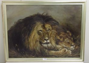 After Sir Edwin Henry Landseer RA (British b.1802); Lion with sleeping lioness, unframed oil on