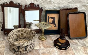 Circular wicker basket, brass trivet, three serving trays, two Chippendale style wall mirrors, and a