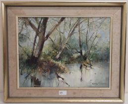 George Thompson (1934-2019); Wooded River Landscape, oil on canvas, signed, 34cm x 44cm