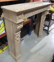 Early C20th stripped pine fire surround with deep mantle, 115cm x 35cm x 101cm