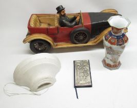 Vista Allegre c20th oriental style vase, large wooden model of man in car, wall light sconce,