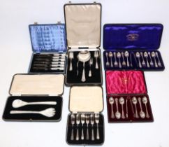 Cased set of mother of pearl salad servers, and five sets of cased cutlery incl. two branded