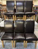Set of six brown leather upholstered high back dining chairs on beech legs (6)