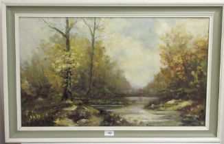 J. Wyatt (British C20th); Wooded river landscape, oil on canvas, signed and dated 1970, 44cm x 75cm