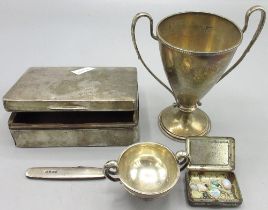 Two hallmarked silver presentation cups, Victorian silver pocket knife, wood lined silver box and