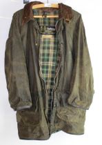 Barbour Gamefair olive green wax jacket with tartan cotton lining, sizing C102cm/40", unisex