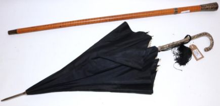 Malacca cane with white metal knop and belt collar, L90cm, and a Victorian style black parasol (2)