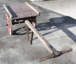 C20th NER 2 wheeled double handled hand cart, with coopered wheels and North Eastern Railway Hub,