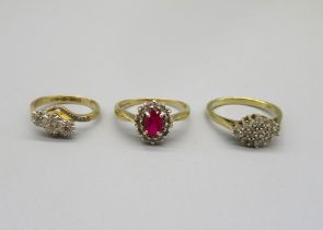9ct yellow gold diamond and ruby cluster ring, size M1/2, stamped 375, a 9ct gold and platinum,