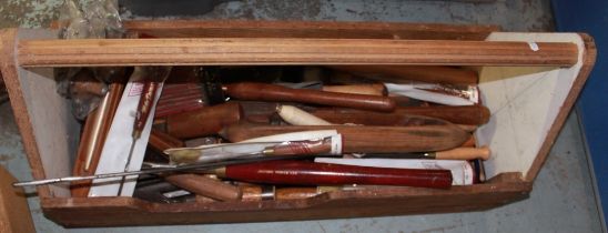 Very large collection of woodworking chisels, joiners tools and handmade tool carrier