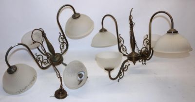 Pair of four branch ceiling light fittings with holophane style glass shades (2)