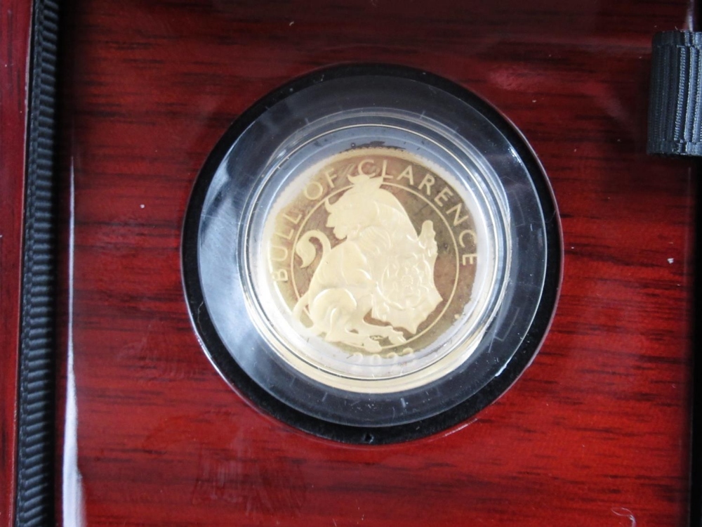 The Royal Mint cased The Royal Tudor Beasts, The Bull of Clarence £25 1/4oz Gold Proof Coin, - Image 3 of 3