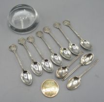 Seven hallmarked Sterling silver teaspoons with golfing finials, engraved 'Basil little Trophy