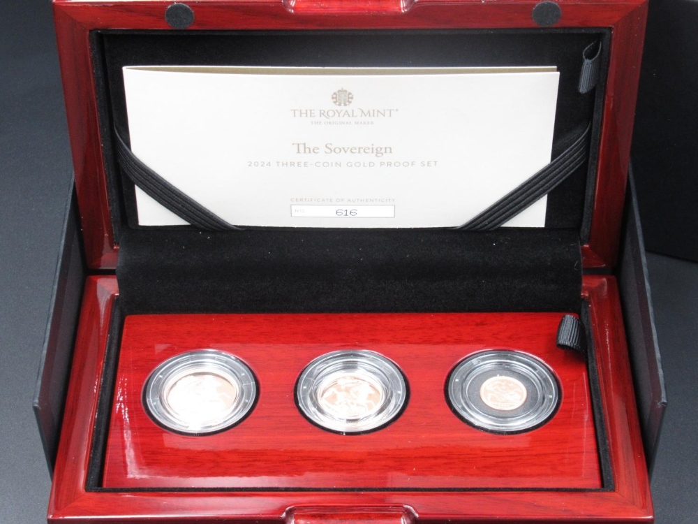 The Royal Mint The Sovereign 2024 Cased Three-Coin Gold Proof Set, including full sovereign, half - Image 2 of 3