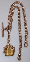 9ct yellow gold Albert chain with attached 9ct yellow gold swivel fob charm set with citrine,